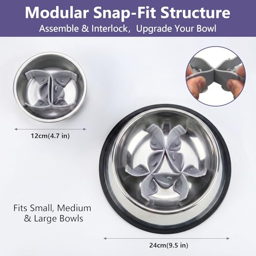 IRRESTRICO Silicone Dog Slow Feeder Bowl Insert with Suction Cups, Cuttable Food-Grade Lick Mat Divider Fits Stainless Steel Ceramic Glass Dog Bowls, Helps Slow Down Eating, Grey