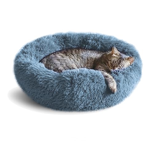 Whiskers & Friends Cat Beds for Indoor Cats, Fluffy Calming Donut Cat Bed, Small Dog Bed Washable - Orthopedic Soft Plush Pet Beds Sized for Kitten to Large Cats & Puppy to Small Dogs - Navy Grey 20''