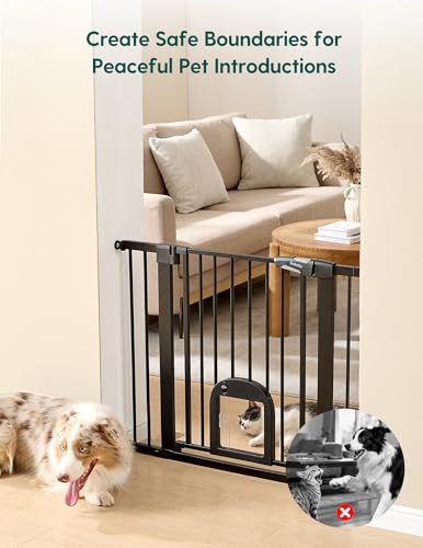 Babelio Upgraded Baby Gate with Cat Door, 29-43" Auto Close Durable Dog Gate for Stairs, Doorways and House, Easy Walk Thru Safety Gate with Pet Door Includes 4 Wall Cups, Black