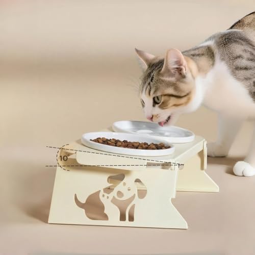 Elevated Ceramic Slow Feeder Bowls, 2 Bowls & Black Stainless Steel Stand,for Cats and Small Medium Dogs, 1.5 Cups*2,Raised Cat Food and Water Bowl Set, Blue & White