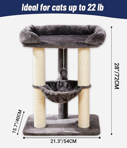 Happi N Pets 28" Cat Tree, Large Bed for Big Cats, Small Cat Tower with Soft Perch for Window Viewing, Stable Cat Tree Tower, Cat Scratching Post with Hammock, Removable Cover-Gray