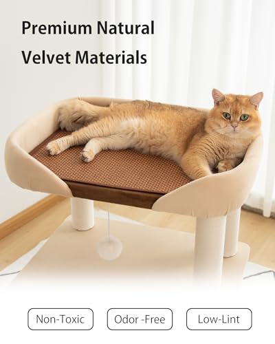 PETTIFUL Cat Tree for Large Cats, Modern Senior Friendly Cat Tower with Wide Shelves, Cotton Scratching Posts, Super Sturdy Base, Cozy Perches, and Interactive Toys for Indoor Kittens, 37.4'' Cream.