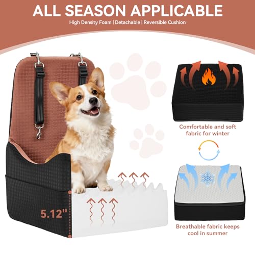 PETSFIT Dog Car Seat for Small/Medium Dogs Up to 35 lbs – Patented Safety System, 5" Memory Foam Pet Booster Car Seat, Fully Detachable and Washable Dog Carseat with 2 Storage Pockets (Black/Brown)