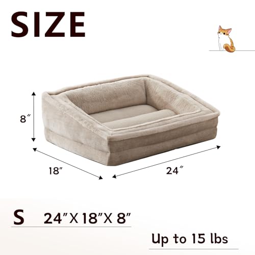 Laojin Balhen Cat Couch for Pets, Washable Cat Beds for Indoor Cats, Super Soft Plush Supportive Dog Couch Bed for Puppy and Kitten with Anti-Slip Bottom, 24inch, Beige