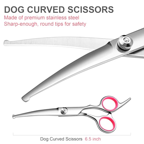 FAIGEO Dog Grooming Scissors with Safety Round Tips Stainless Steel Professional Dog Grooming Kit - Thinning, Curved Scissors and Comb for Cat Pet (Pink 4 in 1)