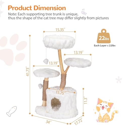 COZIWOW Modern Cat Tree Tower, Cloud Cat Tree with Solid Natural Wood Scratching Post, Luxury Condo & Perches, Aesthetic White Cat Furniture for Indoor Large Cats, 34" L X 17.7" W X 41.7" H