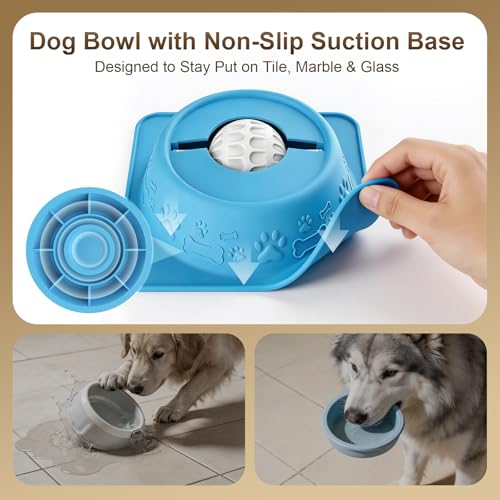 Slow Feeder Dog Bowl for Liquid Treats, Anti-Slip Lick Bowl, Bone Broth and Yogurt Puzzle Feeder, No Spill Pet Bowl Pup Lick Toy for Large Medium Small Dogs and Cats, Anxiety Relief, Blue