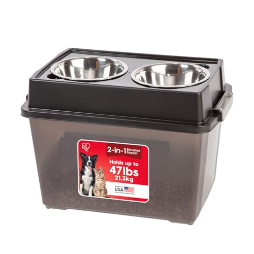 IRIS USA Dog Bowls Elevated with Storage, 15" H Raised Feeding Station, Dog Bowl Stand with Airtight Food Storage Holds 47 lbs, 2 Removable 64 oz Stainless Steel Bowls for Large Dogs, Smoke/Black