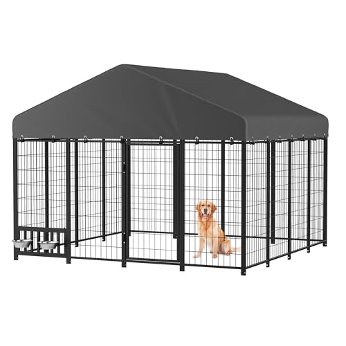 JFHID Outdoor Dog Kennel for Yard, 8x8 Medium Steel Chain Link Fence with Roof, Dog Run Enclosure with Feeding Bowl & Self-Locking Latch