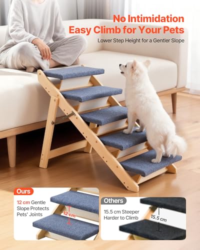 VEVOR Wood Pet Stairs, 5-Step Dog Stairs for Beds, Sofa & Cars, 150lbs Load Capacity, Floded Flat Design, Stable & Sturdy Cat & Dog Step Ladder for Small Medium Large Older Pet Puppy Essentials