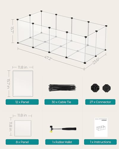 SONGMICS 20 Panels Pet Playpen with Floor, Small Animal Playpen, Pet Fence Indoor, DIY Plastic Enclosure for Guinea Pigs, Bunny, Hamsters, Hedgehogs, 49.2 x 24.8 x 16.5 Inches, White ULPC001W01