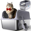 Powools Stainless Steel Cat Litter Box, Metal Litter Box with Scoop, High- Sided, Anti-Leakage Top Entry, Non-Sticky, Easy to Clean, Grey, M (1 Pack)
