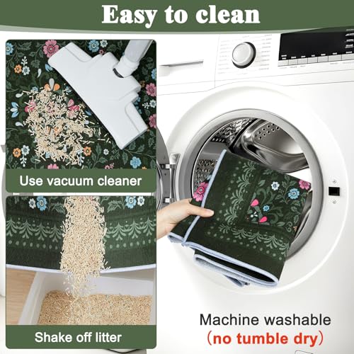 Bienbee Cat Litter Mat, 2PCS 33"x22" Machine Washable Litters Box Mats Non-Slip &Waterproof Cat Litters Trapping Mats Easy to Clean Mat for Litter Box Less Waste Protects Floors Dark Green L