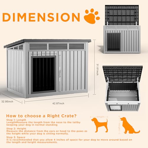 DRATO Large Dog House Outdoor for Indoor with Weatherproof & Removable Roof,Fits Small to Large (Gray, 42.87 * 32.95 * 31.61'')