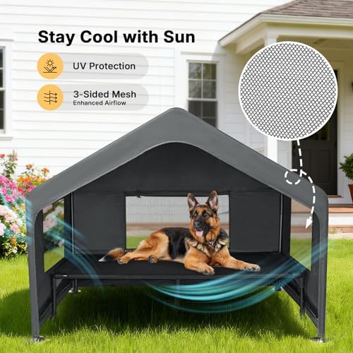 Veehoo Extra Large Dog House Outdoor with Elevated Dog Bed, Outside Dog Tent 4.1' x 4.1' x 3.3', Weatherproof Dog Shade Shelter and Raised Bed Combo for Pets or Stray Animals, Grey