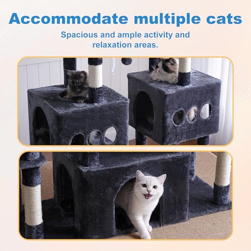 Hey-brother Cat Tree Tower, Large Sisal Scratching Posts with Big Platform, 3 Spacious Condos, Plush Hammock, Toy, 57.5 Inches Multi-Level Furniture for Indoor Adults Maine Coon, Smoky Gray MPJ083G