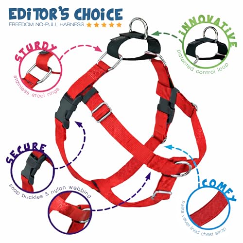 2 Hounds Design Freedom No Pull Dog Harness, Adjustable Harness, Easy Walking & Comfortable Control, Fits Small, Medium & Large Dogs, Solid Colors, Made in USA, 1" LG, Red