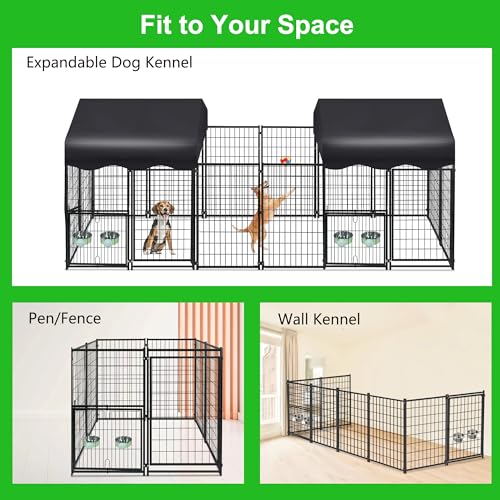 1R2P3I Dog Kennel Outdoor 4x4.2x4.5ft, Outside Dog Kennel with Roof, Large Dog Kennels with Rotating Door & 2 Adjustable Bowls, Pet Enclosures Crate Cage for Small/Medium Dogs