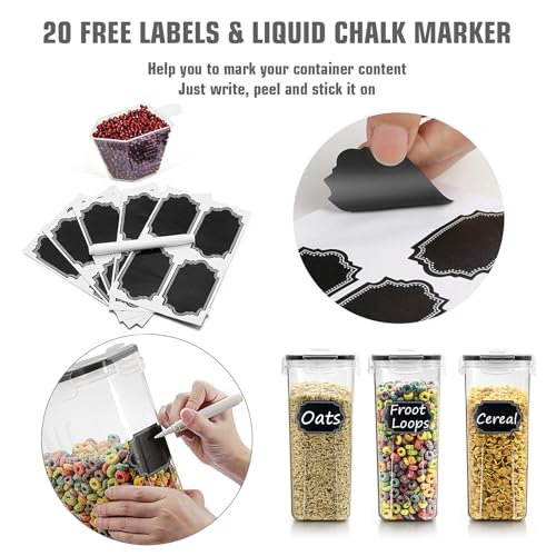 Wildone Cereal Storage Containers Set, Large BPA Free Plastic Airtight Food Storage Containers 4L for Flour, Sugar, 6 Piece Set Cereal Dispensers with 20 Labels & Marker, Black