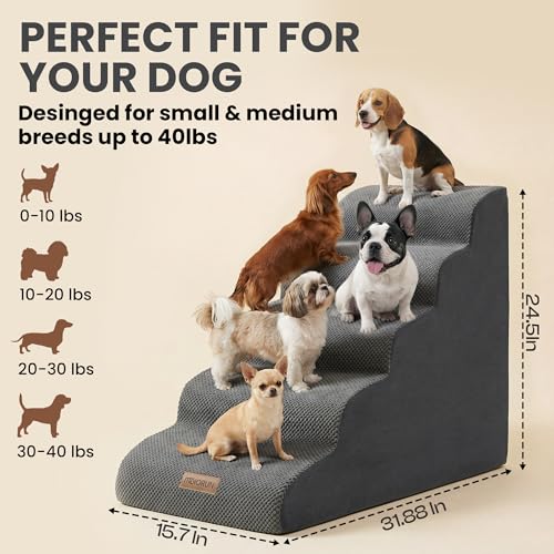Miorun Dog Stairs for High Beds Up to 30", Extra-Tall 5-Step Dog Steps for Bed, 24.5" Tall Foam Pet Stairs for Small & Medium Dogs, Gentle Slope Cat Ramp for Bed with Washable Cover