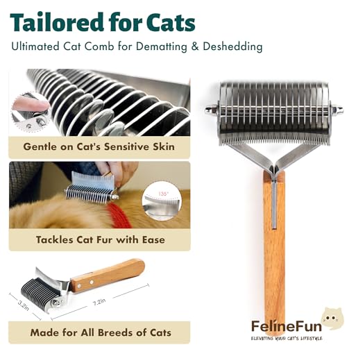 FelineFun Cat Brush for Dematting & Deshedding, 2 in 1 Undercoat Rake, Efficiently Remove Loose Hair & Matted Fur, Professional Shedding Comb for Indoor Cats & Long Haired Cats