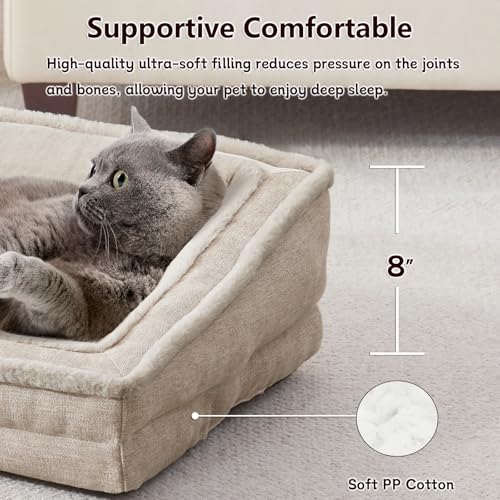 Laojin Balhen Cat Couch for Pets, Washable Cat Beds for Indoor Cats, Super Soft Plush Supportive Dog Couch Bed for Puppy and Kitten with Anti-Slip Bottom, 24inch, Beige
