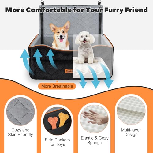 VavoPaw Dog Car Seat for Medium Dog, Dogs Booster Seat Under 50Lbs or 2 Small Dogs Washable, Pet Car Seats with 2 Safety Leashes, Pets Sofa Bed Cushion Add Thick Sponge, Pet Cars Carrier for Travel