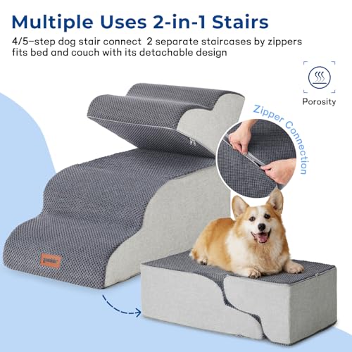 ZOMISIA Dog Stairs Ramp for High Beds Up to 25" - 5 Step Pet Stairs for Small to Large Dogs, 35D Foam Dog Steps for Couch with Non-Slip Bottom Grey