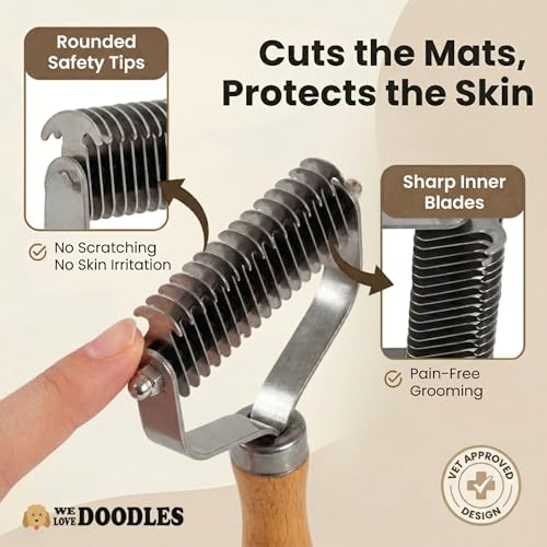 Pet Dematting Comb for Dogs and Cats with Wood Handle, Deshedding Undercoat Rake with Stainless Steel Blades, Pet Comb for Detangling Thinning and Shedding, All Hair Types [We Love Doodles]