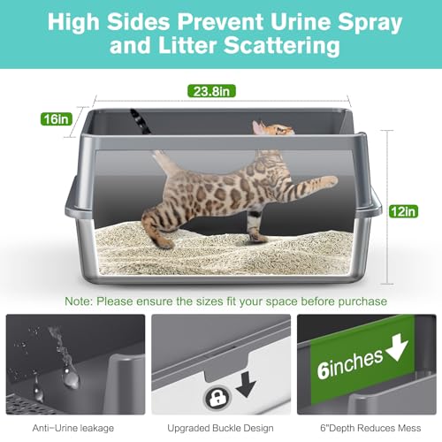 2PACK Stainless Steel Cat Litter Box with High Sides Lid, Extra Large XL Litter Box for Big Cats, Metal Kitty Litter Boxes with Anti-Leakage Enclosure,Non-Stick,Odorless,Scoop Included