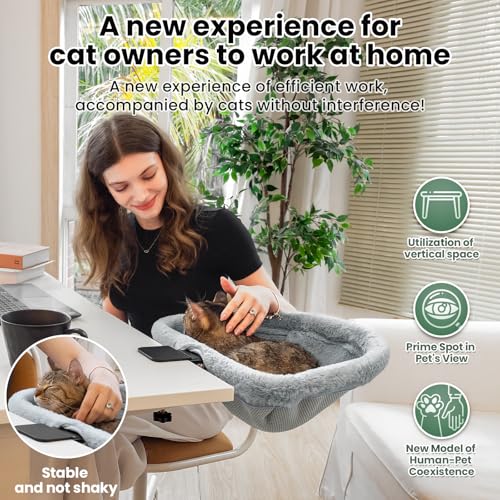 JUNSPOW Cat Desk Bed - One-Click Folding,Sunken Design & Space-Saving Semi-Circular Cat Bed, Soft Faux Rabbit Fur Material, Suitable for Various Desktops-Maximum Hold Up to 40lb