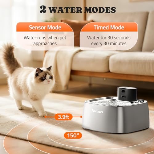 Pumpless Cat Water Fountain Stainless Steel, Automatic Cordless Cats and Dogs Water Dispenser 108oz/3.2L, Pawtners Battery Operated Pet Fountain with Smart Indicator &150° Motion Sensor