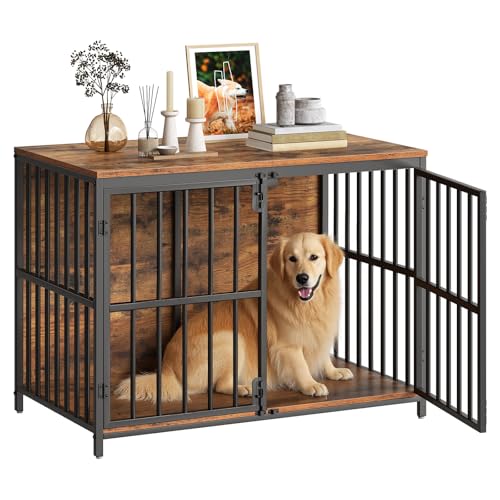 HOOBRO 38.6" Dog Crate Furniture, Wooden Dog Kennel Indoor, Heavy Duty Dog Cage for Small/Medium Dog, Decorative Side End Table, Rustic Brown and Black BF100GW03