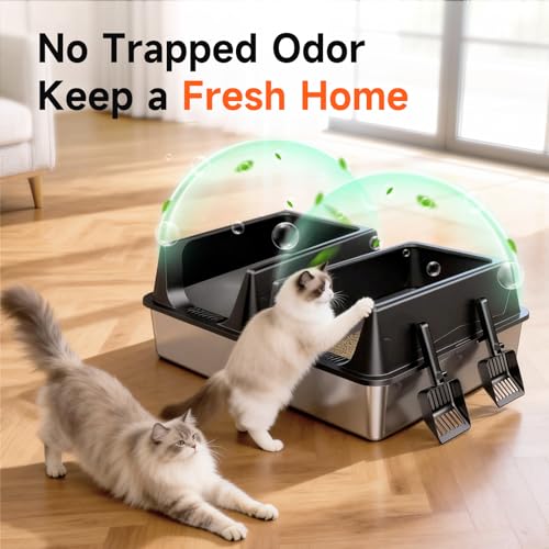 TEVILA 2 Pack XL Stainless Steel Litter Box with High Sides Shield for Multi Cat, Extra Large Tall Wall Open Top Deep Metal Pan for Big Cats, Anti-Leak Non-Stick Odor Control, 2 Scoops Included, Black