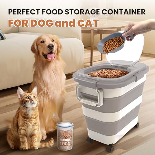 DDMOMMY 23-25 Lbs Airtight Dog Food Storage Container,Collapsible Dog Food Container with Lid,Wheels,Handle,Large Pet food storage Container with Scoop,Small Food Container for Dog Cat