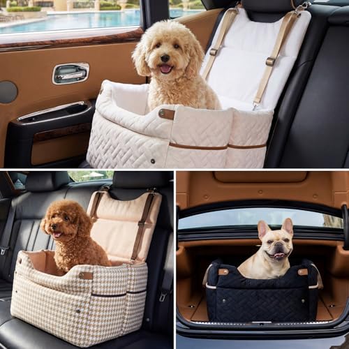 ZOMISIA Elevated Dog Car Seat for Medium Dogs, 3 Adjustable Heights with 2 Egg Crate Foam Boosters 4"+2", Dual-Sided Cooling&Plush Waterproof Cover, 2 Safety Leashes & Buckles, Houndstooth