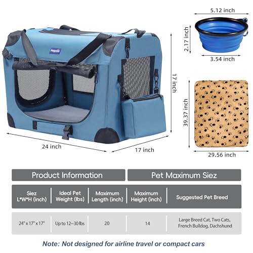 Petprsco Portable Collapsible Dog Crate, Travel Dog Crate 24x17x17 with Soft Warm Blanket and Foldable Bowl for Large Cats & Small Dogs Indoor and Outdoor