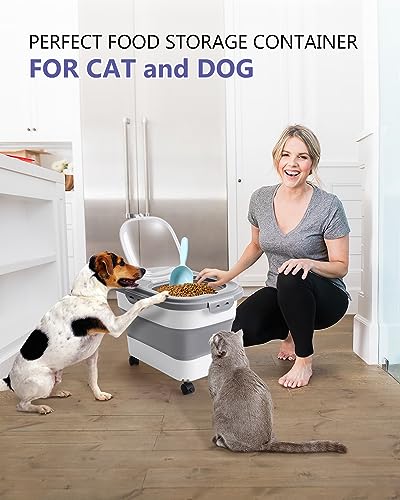 ANVS Airtight Collapsible Pet Food Container With Casters, Scoop and Small Container - Keeps Up To 20lbs Dry Dog Food Fresh (Grey)