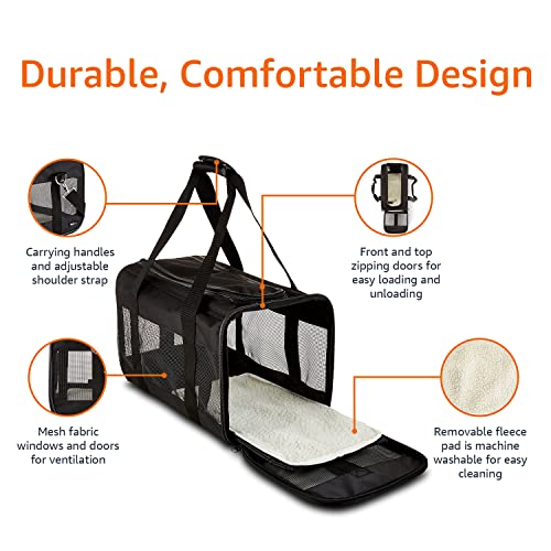 Amazon Basics Airline Approved Soft-Sided Mesh Pet Travel Carrier with Shoulder Strap, Removable Washable Fleece Pad, Top Opening, Ventilation for Dog, Cat, up to 22 pounds, 19.7Lx12Wx12H in., Black
