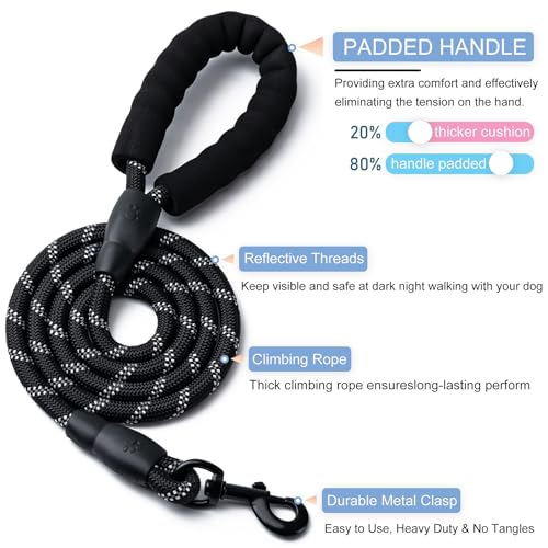 2 Pack Dog Leash, 4/5//6 FT Heavy Duty Nylon Rope Pet Leashes with Comfortable Padded Handle, Reflective Dog Leashes for Small Medium and Large Dogs (5FT-1/2,Black/Black)