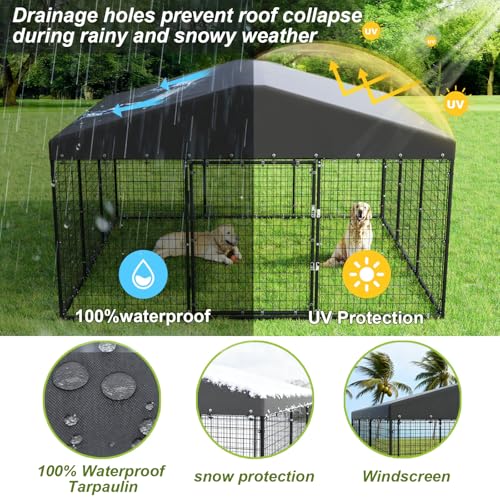 Gotland Dog Kennel Outdoor 10 x10 x6 FT, Dog Cage Outdoor for Medium/Large Dogs with Waterproof Roof Double Secure Locks Ground Spikes, All Weather Heavy Duty Dog Enclosure for Backyard Farm Ranch