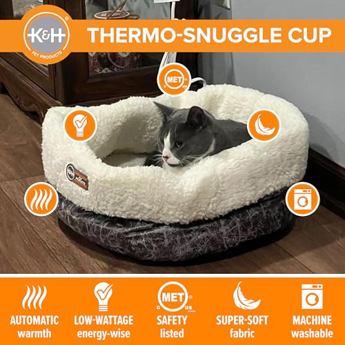 K&H Pet Products Heated Cat Bed Indoor, Thermo-Snuggle Cup Bomber Soft Heated Pet Bed for Large Indoor Cats and Small Dogs, Machine Washable, Waterproof Heated Pad, Safety Listed - 18 X 14in Gray