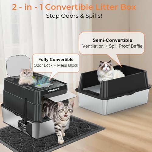 URPOWER Stainless Steel Cat Litter Box with 110° Flip-Top Lid Extra Large Enclosed Litter Box Non-Sticky Metal Pan with High Sided & Scoop, Odor Free, Front & Top Entry, Anti-Leakage, Easy Cleaning