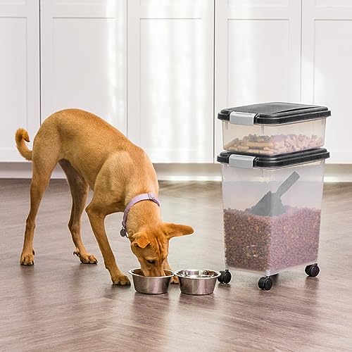 IRIS USA Dog Food Storage Container 30 lb + 11lb Airtight Combo, Stackable Pet Food Storage Bin with Wheels for Cat Dog Food, BPA Free, Made in USA, Black