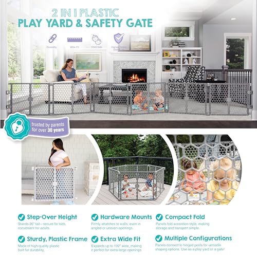 Regalo Safety 192" Super Wide Baby Gate & Play Yard, 2-in-1 Adjustable Playpen for Babies, Toddlers & Pets, Includes Wall Mount Kit, Plastic, Gray