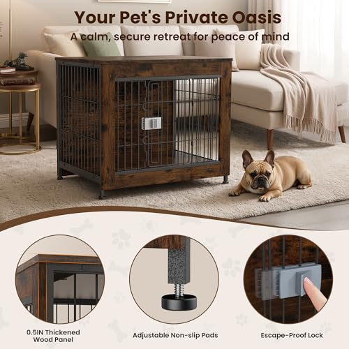 Furniture Style Dog Crate, Decorative Wooden Pet Kennel End Table for Small to Medium Dogs (Under 30 lbs), Indoor Dog House with Secure Slide Lock & Solid Top, Modern Pet Cage Furniture, Aged Black