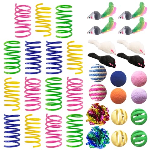 AGYM Cat Toys for Indoor Cats, 35 Packs Interactive Cat Toys Set with Colorful Springs, Mouse Cat Toy, Crinkle, Sisal, Pompom and Color Bell Balls for Kitten Toys