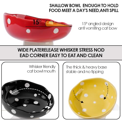 Ceramic Elevated Mushroom Cat Bowls, Tilted Raised Pet Dish Anti Vomit Kitten Bowl for Indoor Cats, Whisker Friendly Pet Food and Water Bowl for Kitten, Cat, Puppies, Dishwasher Safe (Red)