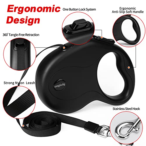 enrgticdg 16Ft Retractable Dog Leash,Light Weight Leash for Small to Medium Dogs/Cats Up to 50lbs,Stainless Steel Spring Strong Nylon Tape, Tangle Free, One-Handed Brake.(Black)
