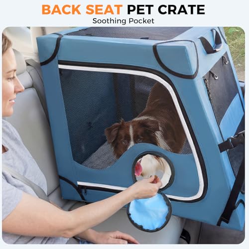 Snagle Paw Portable Dog Crate for Car Travel,Metal Frame Pet Crate,Pet Carrier for Car Back Seat Secures with Headrest Strap and Seatbelt,L